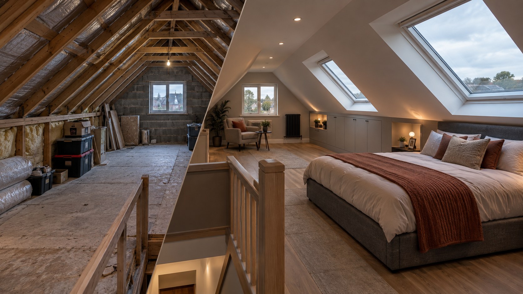 An unused attic before conversion and the same space as a finished bedroom after conversion